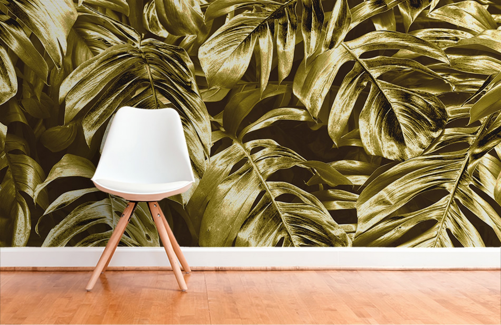 Роскошные фотообои с тропическими листьями в золоте Узоры на Стене